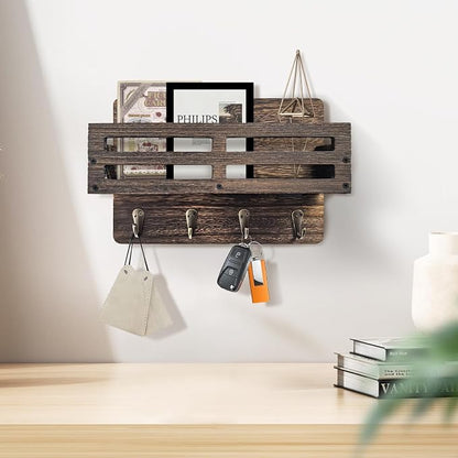 Key Holder Wall Mount Farmhouse Key Hooks for Wall with Mail Organizer Decorative Key Rack with 4 Sturdy Hooks for Dog Leash, Sunglasses, Rustic, Paulownia Key Hanger for Entryway, Brown