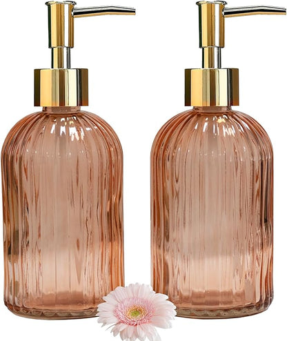 Glass Soap Dispenser with Gold Plastic Pump, 13.5oz Refillable Liquid Hand Soap Dispenser, 2 Pack Crystal Lotion Bottle for Modern Home Decor, Bathroom, Kitchen Countertop, Hotel(Orange)