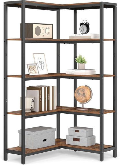 VASAGLE 5 Tier Bookshelf with Metal Frame, Convertible Industrial Corner Shelf, 9.4 x 40.2 x 55.9 Inches, for Living Room, Bedroom, Home Office, Rustic Brown and Ink Black ULLS605KD01