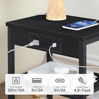 HOOBRO Side Table with Charging Station and USB Port, Small End Table for Small Space, 3-Tier Nightstand with Adjustable Shelf, for Living Room, Bedroom and Balcony, Black BB112BZ01