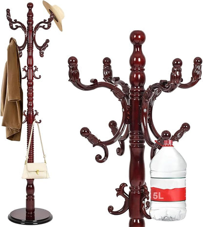 Wooden Coat rack freestanding, Coat racks stand with 14 Hook, Heavy duty coat tree standing 3 Adjustable Heights for Bedroom, Entryway, Hallway, Office,Stury Base (Redwood)