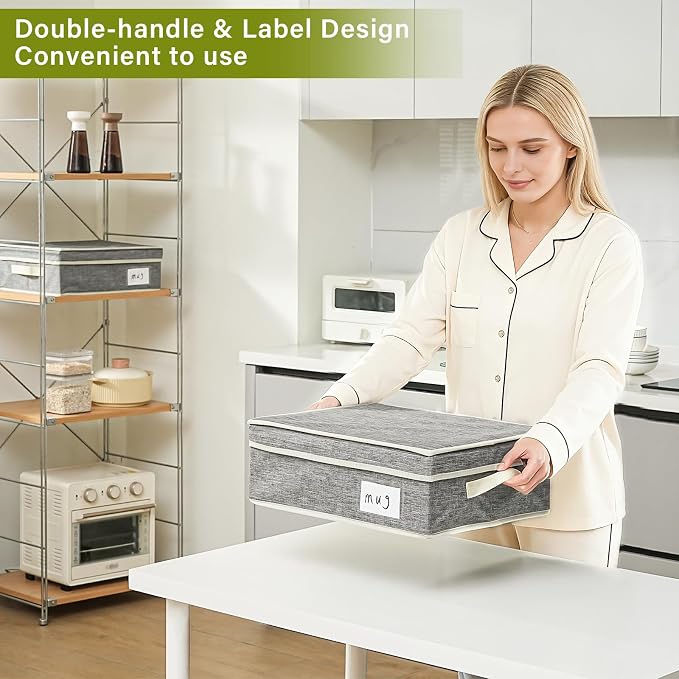2 Pack Mug Storage Box with Dividers,Grey Cup Organizer for Tea Cup,Coffee Mug,Glass Cups,Coffee Cup Storage with Handles,Stackable Storage Case with Hard Shell Dividers,Each Holds 12 Cups