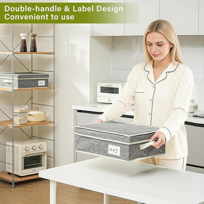 2 Pack Mug Storage Box with Dividers,Grey Cup Organizer for Tea Cup,Coffee Mug,Glass Cups,Coffee Cup Storage with Handles,Stackable Storage Case with Hard Shell Dividers,Each Holds 12 Cups