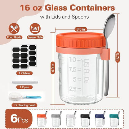 6 Pack Overnight Oats Containers with Lids and Spoons, 16 oz Airtight Oatmeal Container with Measurement Marks, Overnight Oats Jars for Cereal Fruit Vegetable Milk Salad Yogurt Meal Prep
