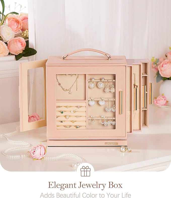 Homde Jewelry Box 360° Rotating, Necklace Earring Organizer with Transparent Window, Mirror, 7 Drawers, Large Ring Display Storage Case for Girls Women (Peach Pink)