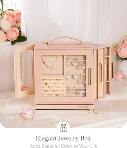 Homde Jewelry Box 360° Rotating, Necklace Earring Organizer with Transparent Window, Mirror, 7 Drawers, Large Ring Display Storage Case for Girls Women (Peach Pink)
