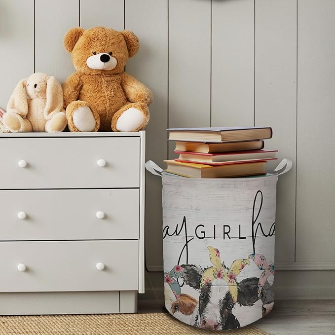HKTZM Farmhouse Cow Laundry Basket, Hay Girl Hay Waterproof Collapsible Laundry Hamper Dirty Clothes Storage Toy Bin Organizer for Girls Kids Room Bathroom Bedroom Nursery