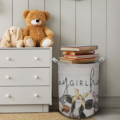 HKTZM Farmhouse Cow Laundry Basket, Hay Girl Hay Waterproof Collapsible Laundry Hamper Dirty Clothes Storage Toy Bin Organizer for Girls Kids Room Bathroom Bedroom Nursery