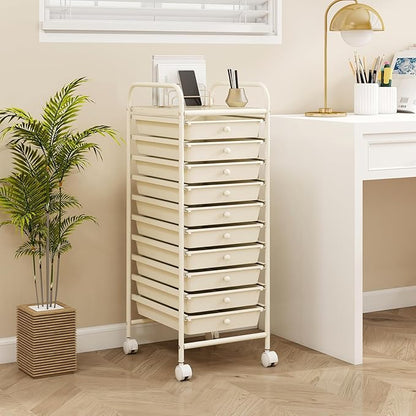 RELAX4LIFE 10 Drawer Rolling Cart - Slim Storage Cart w/Lockable Wheels for Classroom School Teacher Office, Art Supplies Paper Scrapbook Craft Organizers, Utility Cart with Drawers (White)