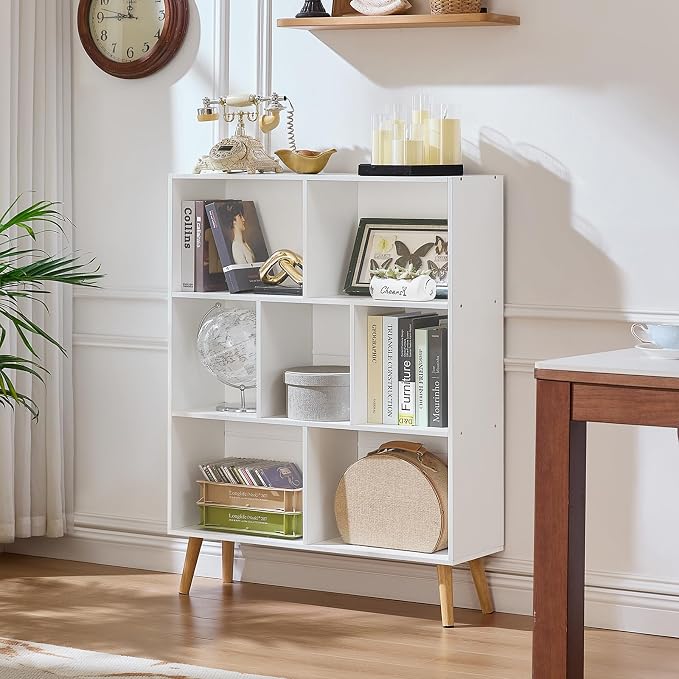 LEYAOYAO Cube Bookshelf 3 Tier Mid-Century White Modern Bookcase with Legs,Retro Wood Bookshelves Storage Organizer Shelf,Freestanding Open Book Shelves for Bedroom,Living Room,Office