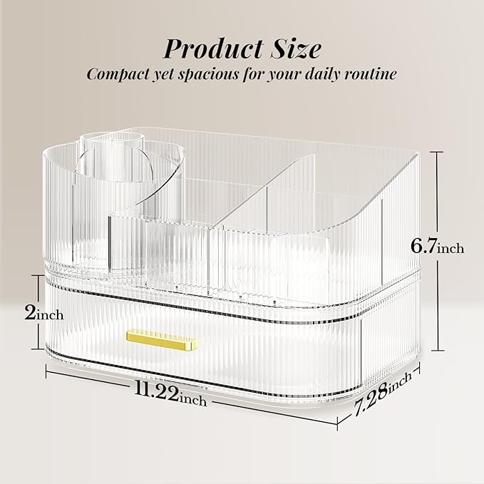 Delamu Makeup Organizer for Vanity with Stackable Drawers, 360 Rotating Makeup Brush Holder Large Cosmetic Display Case, Bathroom Skincare Storage, Crystal Clear, Ideal Christmas Gifts for Girls