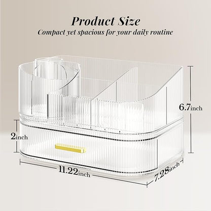 Delamu Makeup Organizer for Vanity with Stackable Drawers, 360 Rotating Makeup Brush Holder Large Cosmetic Display Case, Bathroom Skincare Storage, Crystal Clear, Ideal Christmas Gifts for Girls