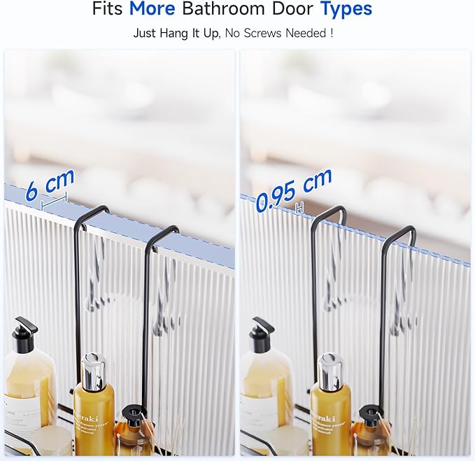 Shower Caddy Over the Door Organizer: Bath Rack Hanging Over Glass with Hooks - Storage Shelf Inside Bathroom for Shampoo - Matte Black