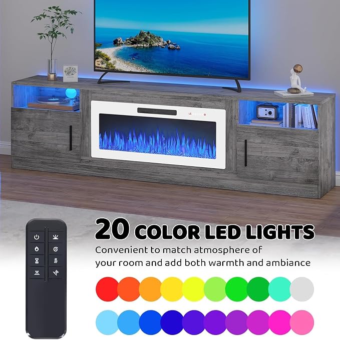 Lemberi Fireplace tv Stand with 36 inch White Fireplace Up to 90" TVs, LED Light Entertainment Center and Storage, 80" Modern Wood Media TV Console with Highlight Cabinet for Living Room (Gray)