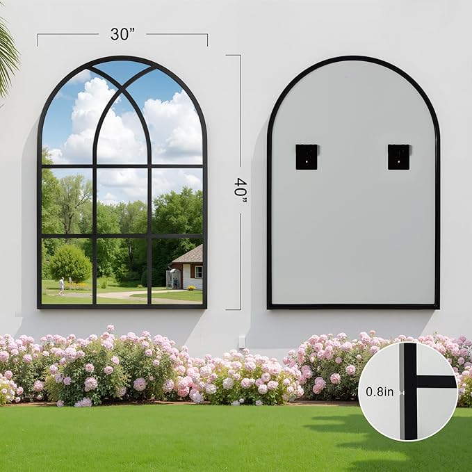 Arched Window pane Wall Mirror 30"x40", Window Shaped Farmhouse Style with Aluminum Frame, Decorative Wall Mirror Leaning Hanging for Living Room, Courtyard, Bedroom, Entryway, Black