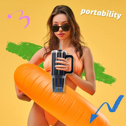 40 oz Shiny Tumbler with Handle and Straw,Stainless Steel Tumbler with Lid and Straw,Insulated Travel Mug(Cold for 34 Hours),Water Bottle for Iced Tea,Coffee (Black)