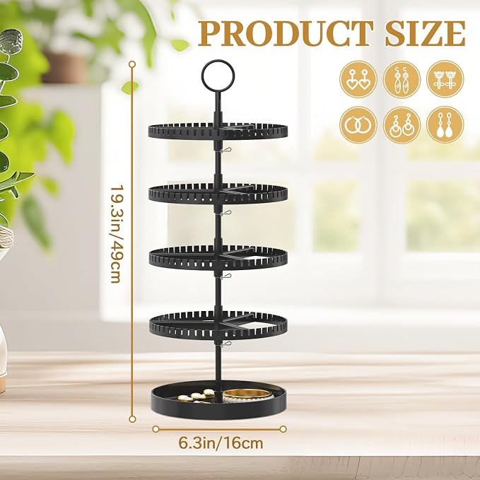 MODOWEY 4 Tier Rotating Earring Holder Organizer Display Tree with Metal Tray, Adjustable Plastic Stand with 228 Slots for Stud Hoop Hanger, Large Capacity Storage Rack for Women Space Saving, Black