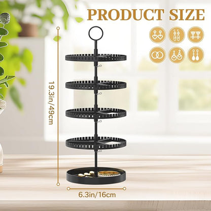MODOWEY 4 Tier Rotating Earring Holder Organizer Display Tree with Metal Tray, Adjustable Plastic Stand with 228 Slots for Stud Hoop Hanger, Large Capacity Storage Rack for Women Space Saving, Black