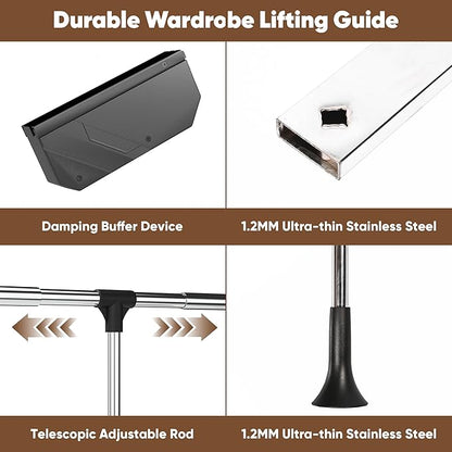 Pull Down Closet Rod Adjustable Width 26-35 Inches Floating Shelves Liftable Clothes 60lbs Hanger Heavy Duty Wardrobe Organizer Adjustable Home Clothes Storage Side & Back Mounted Closet Pole
