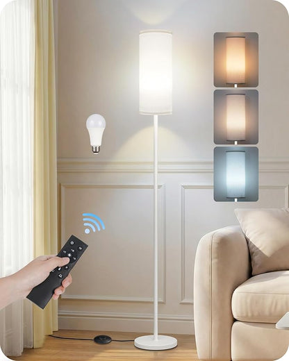 White Dimmable Floor Lamps for Living Room with Remote and Foot Switch, 64.4” Modern Standing Tall Lamp, Corner Lamp for Bedroom, Office, Bulb Included, 3000K-6500K, FCC Listed WCW06LD05W1