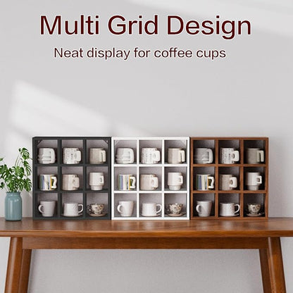 Helsin 9 Grid Vintage Coffee Mug Display Rack, 16inch Wall Mounted Wooden Curio Shadow Box Shelf, Cup Floating Shelves Display and Organizer (Black)