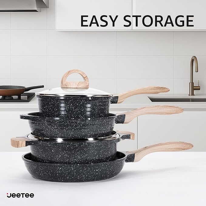 JEETEE 24Pcs Ceramic Cookware Set, Gray Pots and Pans Set Non Stick, Kitchen Healthy Non Toxic Induction Cookware Sets W/Saucepans, Sauté Pan, Griddle, Crepe Pan & Pancake Rake (PTFE, PFOSFree)