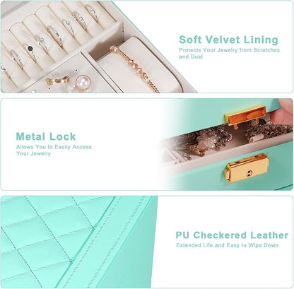 GUOER Jewelry Box for Women Girl Wife - Large PU Leather Jewelry Organizer Storage Case with Two Layers Display for Earrings Bracelets Rings Watches (Teal)