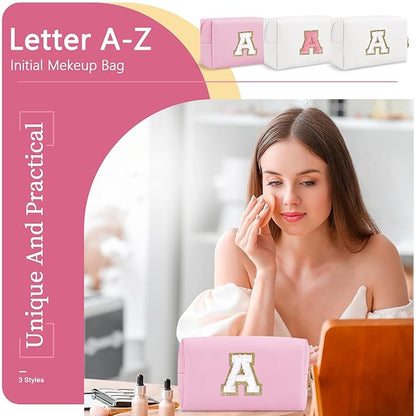 Personalized Initial A-Z Preppy Patch Makeup Bag,Small PU Chenille Letter Cosmetic Bag with Zipper for Teen Girls,Pink Cute Toiletry Organizer Bag,Monogram Makeup Case Gift for Women Girls,Letter A