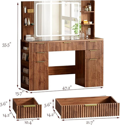 47.2" Fluted Makeup Vanity Desk with Large 28.7" Mirror and Lights, 5 Drawer Vanity with Power Strip, 6 Open Shelves, 2 Cabinet, Modern Bedroom Vanity Featuring Visual Transparent Glass. Walnut