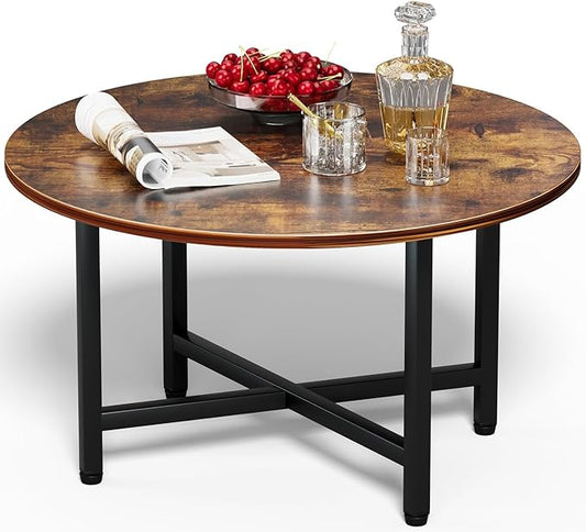 FAMIDGE Round Coffee Table, Small Coffee Tables for Living Room, Wood Coffee Table with Metal Frame, Floor Table Desk for Sitting on The Floor, Home, Office, Farmhouse, Rustic Brown (23.6"D x 17.7"H)