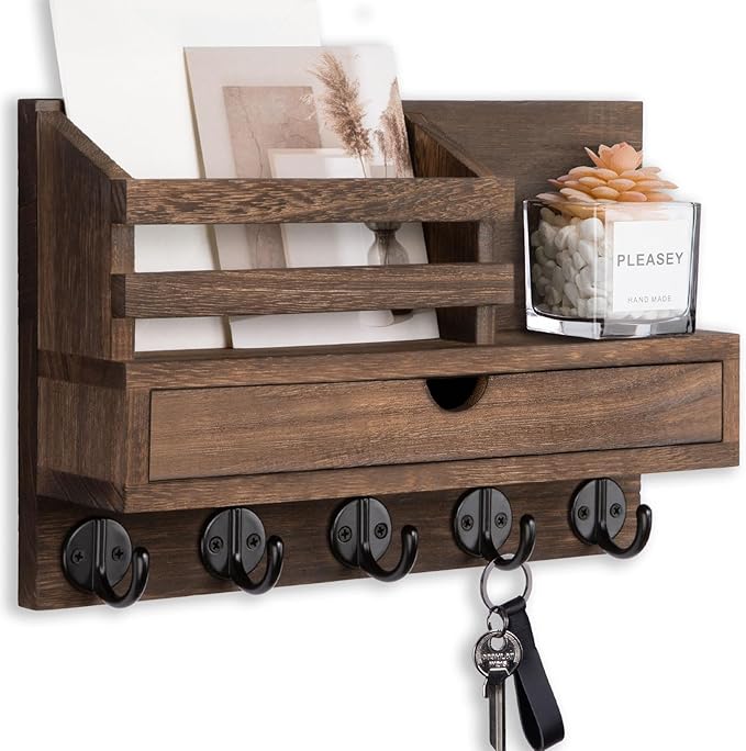 Key Holder Wall Mount, Mail Holder with Storage Drawer and 5 Key Hooks for Coat, Dog Leash, Home Decor Rack, House Accessories, Entry Way Organizer