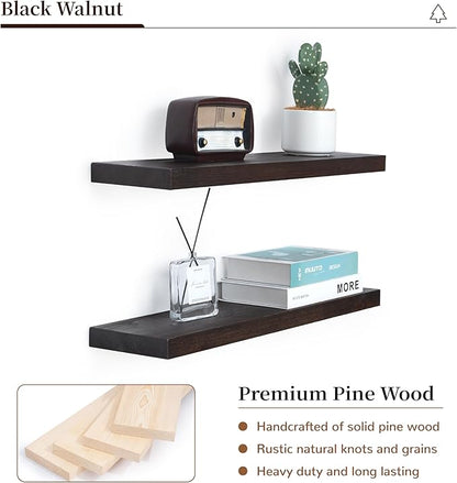 Marsmiles Wood Floating Shelves | 24 Inch Dark Wood Wall Shelves Set of 2 | 24" W x 6.7" D Rustic Wooden Shelves for Bathroom Kitchen Living Room Bedroom