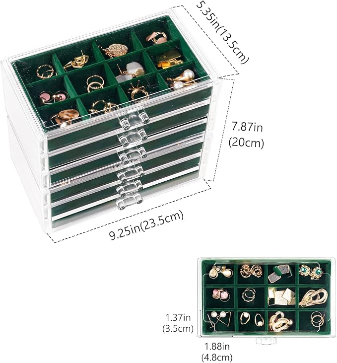 Lolalet Earring Holder Organizer Box Jewelry Storage with 6 Drawers, Clear Acrylic Stackable Earring Case with Adjustable Velvet Trays for Women on Dresser Vanity -Emerald, 6 Layers