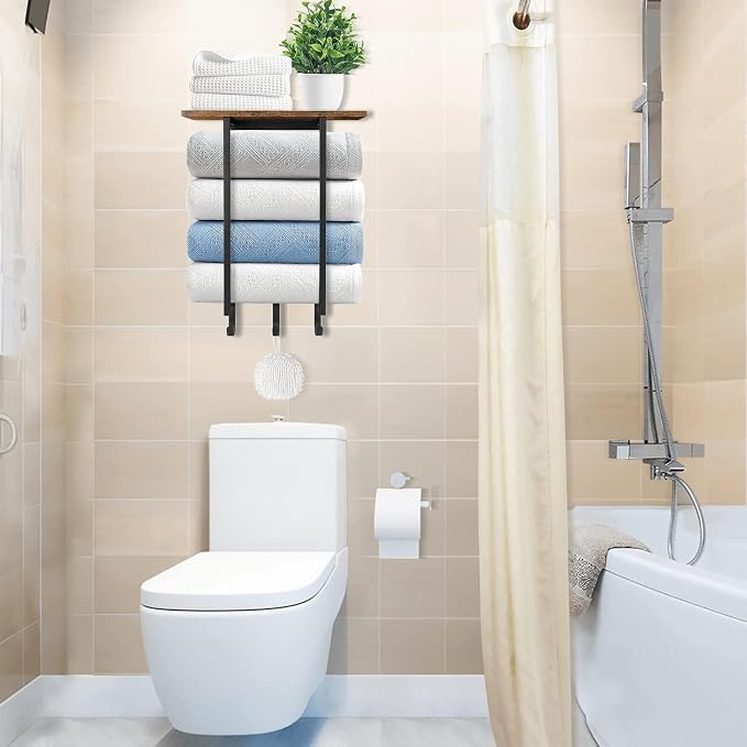 ELITEROO Towel Racks for Bathroom Wall Mounted, Towel Holder with Wooden Shelf and 3 Hooks for Washcloths Hand Towel, Bath Towel Storage Organizer for Small Bathroom, RV, Rustic Brown