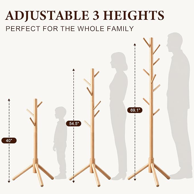 2 PC Wooden Coat Rack Freestanding with 8 Hooks & 3 Adjustable Sizes for Clothes, Space-Saving Design for Bedroom Office Entrance Holds Hats Coats Scarves Bags