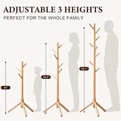 2 PC Wooden Coat Rack Freestanding with 8 Hooks & 3 Adjustable Sizes for Clothes, Space-Saving Design for Bedroom Office Entrance Holds Hats Coats Scarves Bags