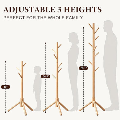 Wooden Coat Rack Freestanding with 8 Hooks & 3 Adjustable Sizes for Clothes, Space-Saving Design for Bedroom Office Entrance Holds Hats Coats Scarves Bags