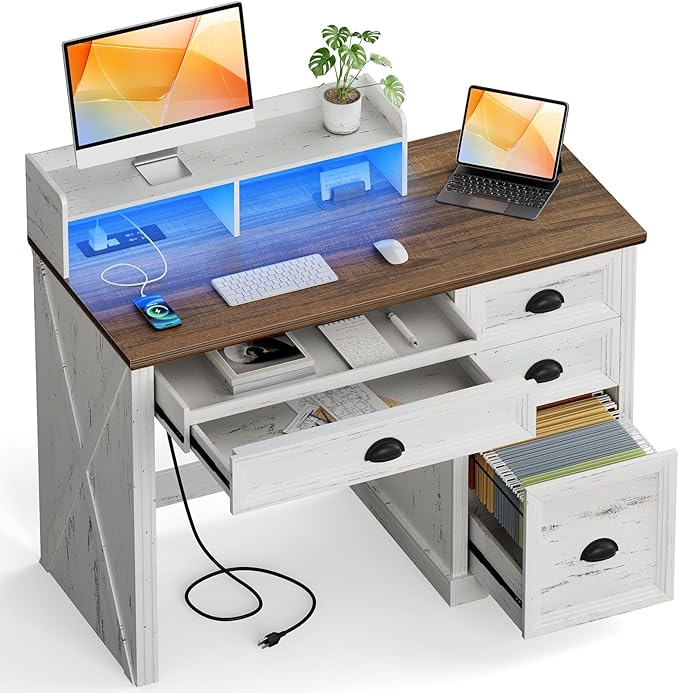 FREDEES Farmhouse Computer Desk with Monitor Stand, 47 in Home Office Desk with LED & Power Outlets, Executive Desk with Drawers for Working Gaming, Writing Table for Bedroom, Antique White