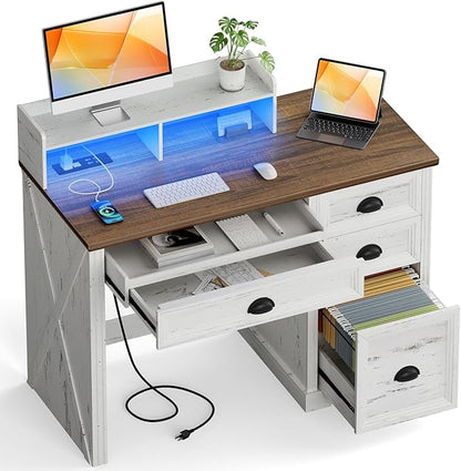 FREDEES Farmhouse Computer Desk with Monitor Stand, 47 in Home Office Desk with LED & Power Outlets, Executive Desk with Drawers for Working Gaming, Writing Table for Bedroom, Antique White
