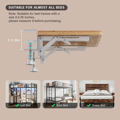 Magheo Bedside Shelf Wood, Foldable Clip-On Bunk Bed Table Shelf for Top Bunk Space Saving Bed Side Table Tray for College Dorm Room Essentials, Loft Nightstand Organizer Tray with 2 Cord Hole