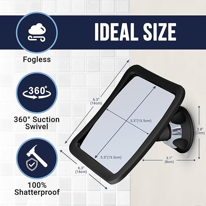 MIRRORVANA Fogless Shower Mirror for Shaving with Upgraded Suction, Anti Fog Shatterproof Surface and 360° Swivel, 1X Magnifying, 6.3 x 6.3 Inch (Black)