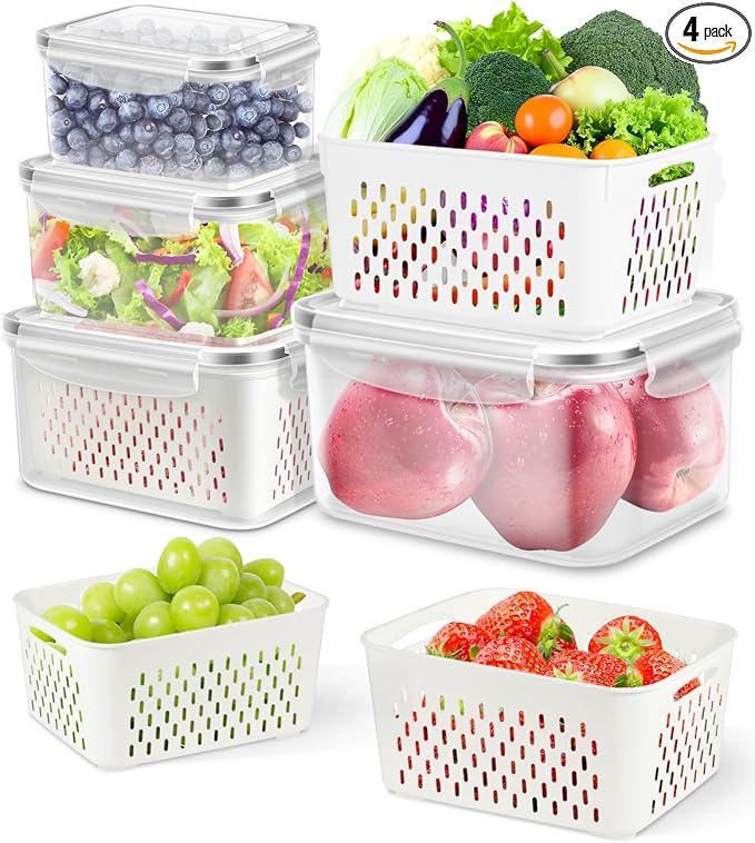 TBMAXS 4 Pack Food Storage Containers Fruit Containers for Fridge with Colander Airtight BPA Free Plastic Berry Keeper Container Produce Saver Vegetables Keep Fresh