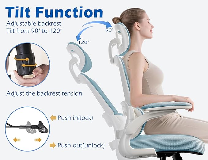 TRALT Ergonomic Office Chair - Desk Chair with Adjustable Headrest Lumbar Support Computer Chair - Mesh Comfy Chair with Flip-up Armrests - Gaming Chairs for Adults Home Office (PU Leather, Blue)