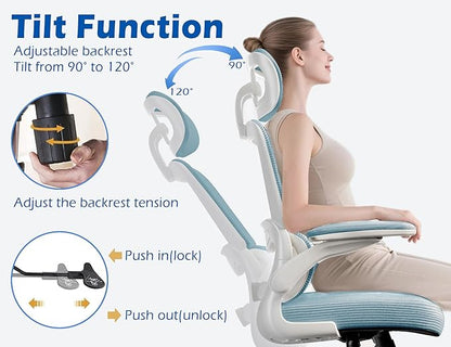 TRALT Ergonomic Office Chair - Desk Chair with Adjustable Headrest Lumbar Support Computer Chair - Mesh Comfy Chair with Flip-up Armrests - Gaming Chairs for Adults Home Office (PU Leather, Blue)