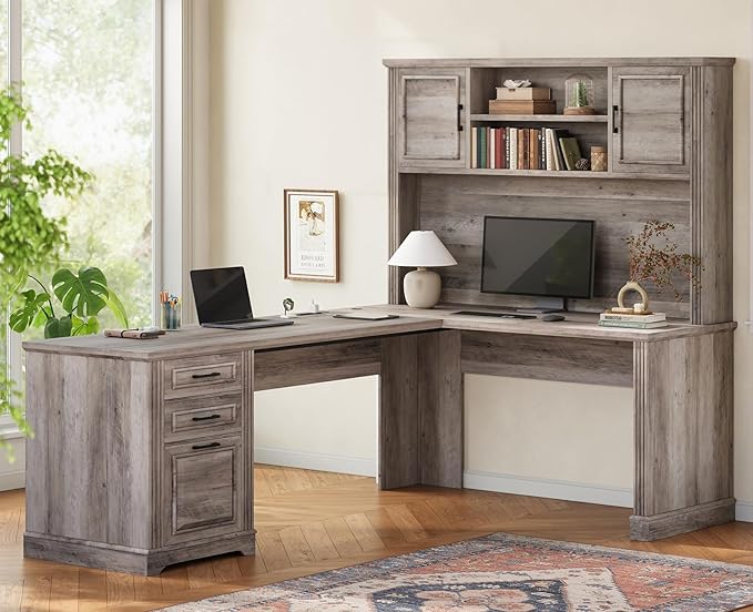 Itaar Farmhouse Executive L Shaped Desk, Home Office Desk with File Drawer and Power Outlet, Computer Corner Desk with Hutch and Drawer, Workstation for Office Home, Grey