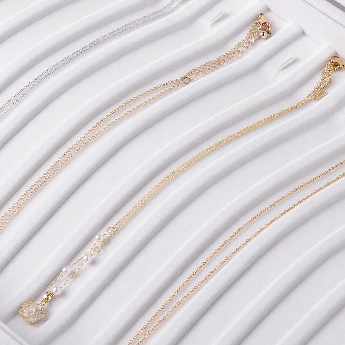 Frebeauty 15 Hooks Necklace Tray,Neckalce Organizer with Clear Lid,Velvet Necklace Holder Box,Jewelry Organizer for Pendants Chains,13.8x9.5x2 inches Necklace Jeweley Tray for Women(White)