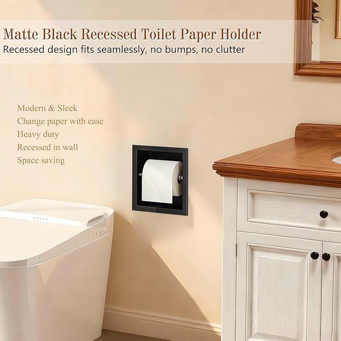 Neodrain Recessed Toilet Paper Holder - 304 Stainless Steel Built-in Wall Mount Bathroom Tissue Dispenser for Mega Rolls (Matte Black)
