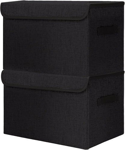Bagnizer Large 42 Quarts Fabric Storage Bins with Lids [2-Pack] Linen Collapsible Foldable Storage Cubes, Closet Organizer Containers boxes with Handles for Home Office (16.7 x 12 x 12, Black)