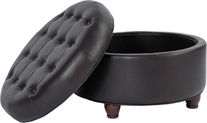 Homepop Home Decor | Button Tufted Faux Leather Round Storage Ottoman | Ottoman with Storage for Living Room & Bedroom (Distressed Brown)
