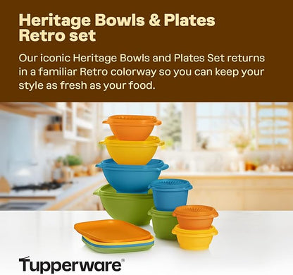 Tupperware Heritage Retro Collection, Bowls & Plates Food Storage Container Set in Retro Colors, Dishwasher Safe and BPA Free